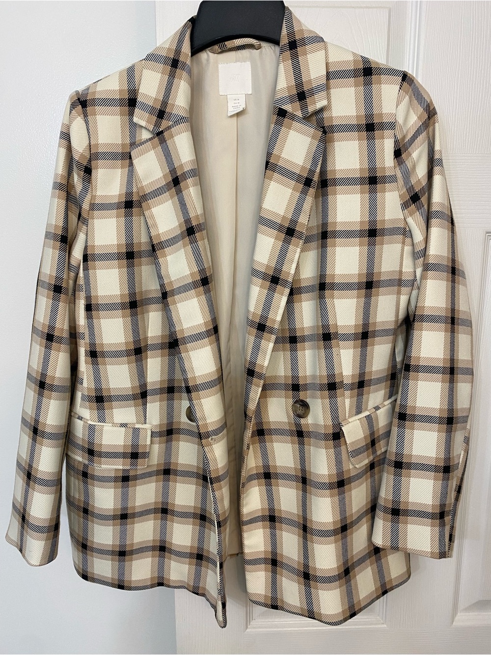 H&M Cream & Brown Plaid Single-Button Blazer